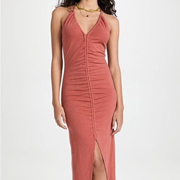 SUNDRY Coral Ruched Halter Slit MIDI Dress - Picture 10 of 11